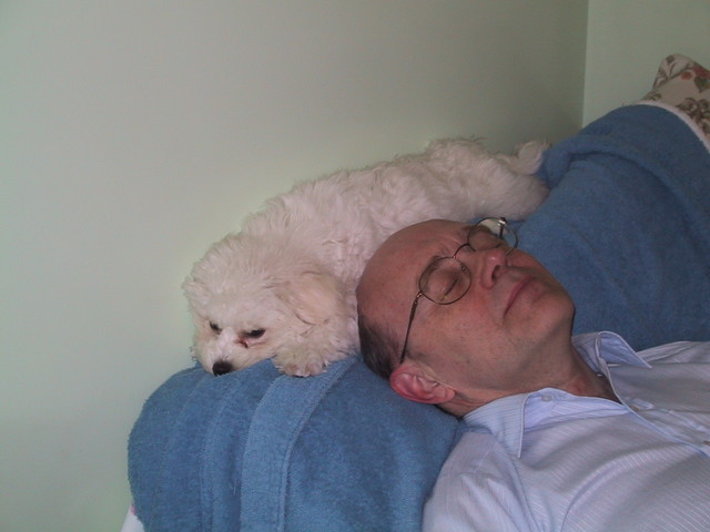 5/16/2005: QBit climbing behind Jeff's head while Jeff is trying to sleep. This proved to be a problem after awhile.