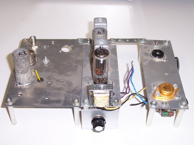 1998: This is a very haywire lashup of a space-charge auto receiver, just as a first fling with space charge tubes to get a sense for what they can do. On the left is the RF section, in the center the IF strip, and on the right the audio section, including a power transistor speaker amp.