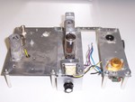 1998: This is a very haywire lashup of a space-charge auto receiver, just as a first fling with space charge tubes to get a sense for what they can do. On the left is the RF section, in the center the IF strip, and on the right the audio section, including a power transistor speaker amp.