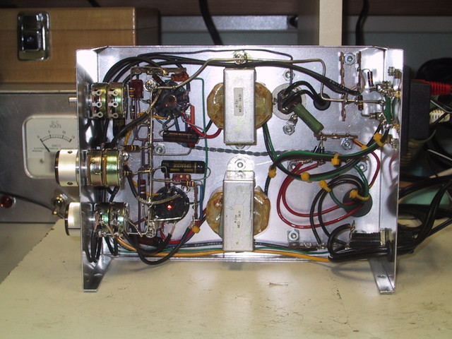 9/2005: My 6T9 stereo amp, almost completed, under-chassis view. Only the tone control pot stills need to be wired.