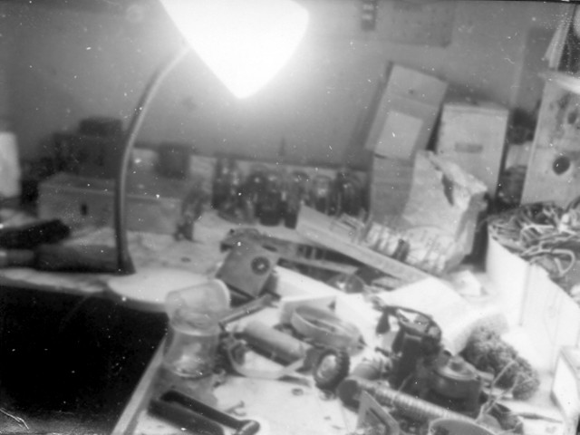 1966: After my folks had the kitchen counter replaced, they gave me the old L-shaped counter and I put legs on it as my first workbench. (I was 13.)  It was always buried under mounds of junk.