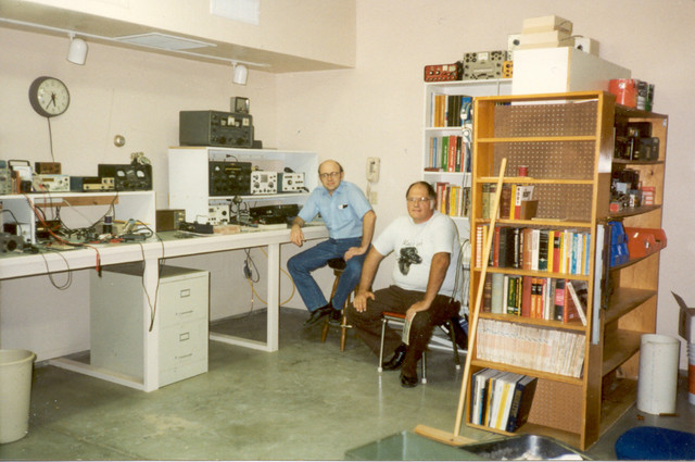 11/95: George Ewing and I in my Arizona garage/workshop/ham shack, which I had designed and recently completed. It was heavily insulated and air conditioned, with a 2